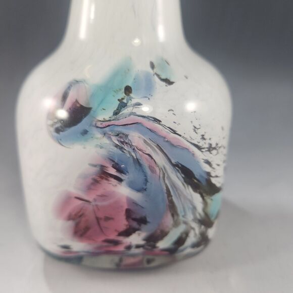 Signed Art Glass Vase Cased Clear Confetti White Swirl Blue Crest Amethyst Pink - Picture 8 of 10